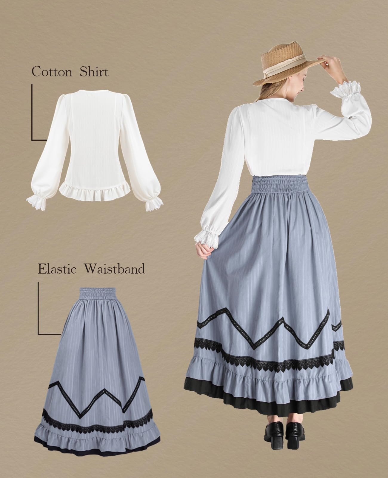 NSPSTT Victorian Dress for Women Renaissance Costume Medieval Outfit Maxi Skirts Blouse 2 pcs Set