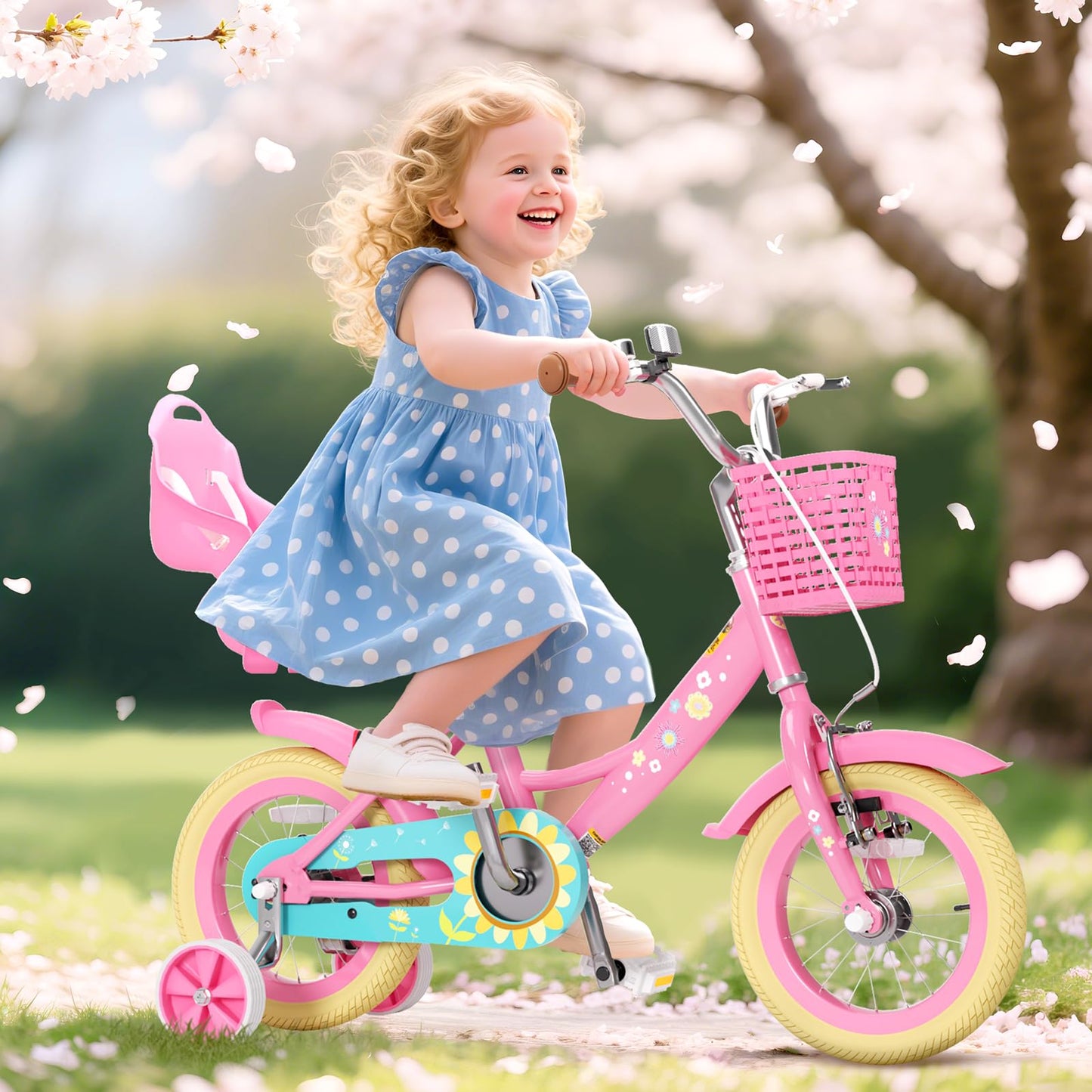 Glaf Toddler Girls Bike for Kids Age 2-12 Years Old 12 14 16 20 Inch Girls Bike with Training Wheels and Doll Seat Kids Bicycle with Basket Adjustable Seat (12 Inch with Training Wheels,Flower Pink)