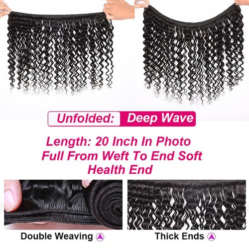 Deep Wave Bundles with Closure (12 14 16+10，Free Part) 100% Unprocessed Brazilian Virgin Hair Weave Bundles with Lace Closure Curly Virgin Human Hair Weft Natural Color for Black Women