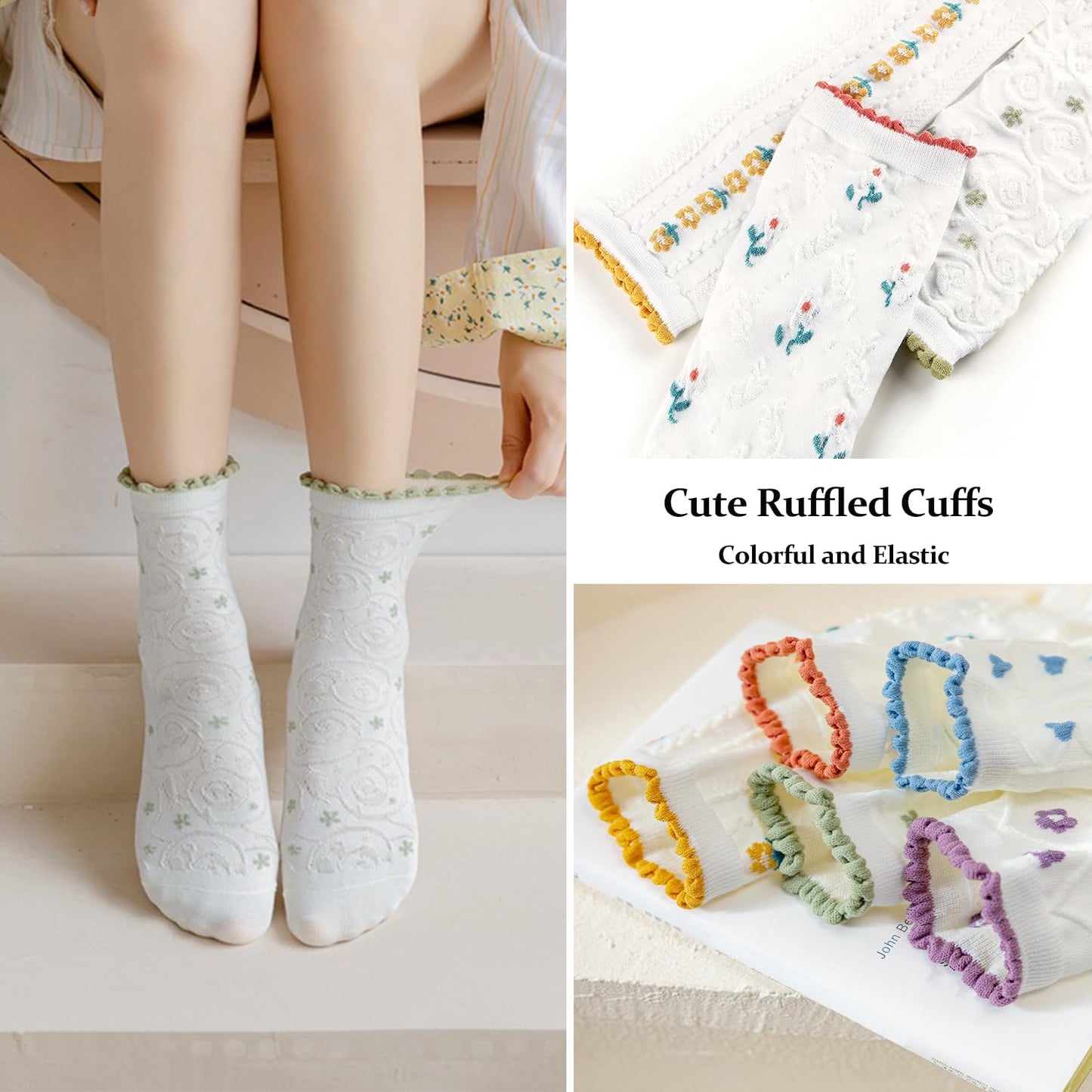 albagu Womens Crew Cute Socks Cotton Thin Breathable Casual Sock for Women Novelty Funny Flower Dress White Socks 5 Pack