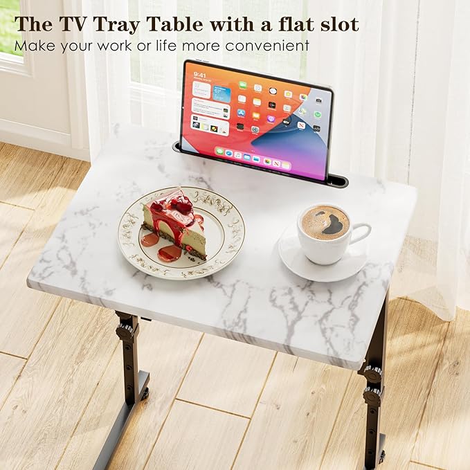 Fleecy day TV Tray, Folding TV Dinner Table, Adjustable Small C-Shaped End Tray for Eating, Foldable Slide Under Couch Side Table for Recliner, Living Room,No Assembly Required(White Marble,2Pcs)