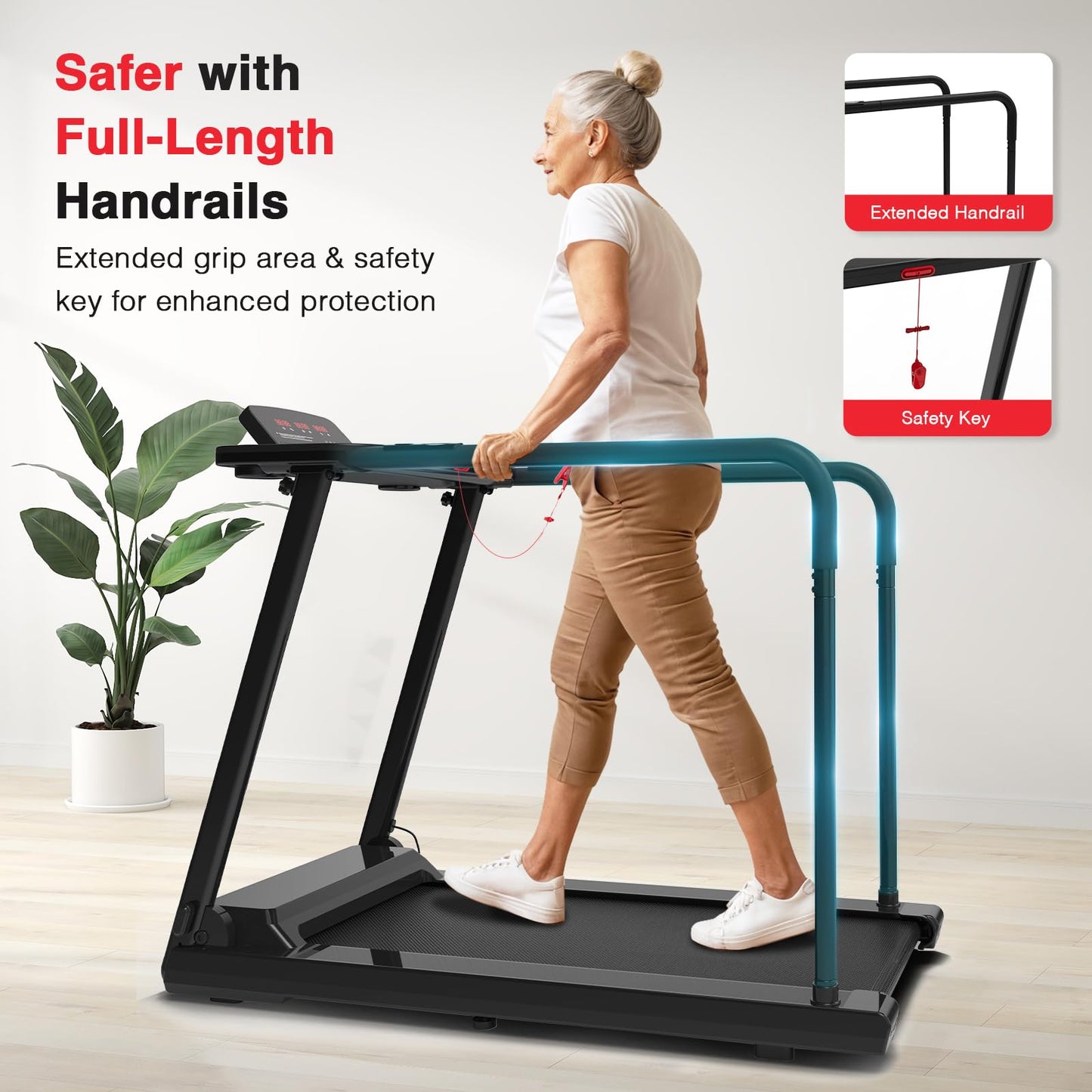 Redliro Treadmill for Seniors with Long Handrails - Recovery Machine for Walking 300 lbs Weight Capacity - Walking Treadmill Elderly with Desk & Cup Holder (Glossy Black)