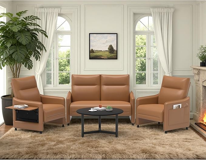 Tbillionnext 3-Piece Living Room Sofa Set, Faux Leather Loveseat & Accent Chairs Set of 2 with Hidden Foldable Tray & Side Pocket, Rear Contour Arm Design, Upholstered Sofa Set for Office, Brown