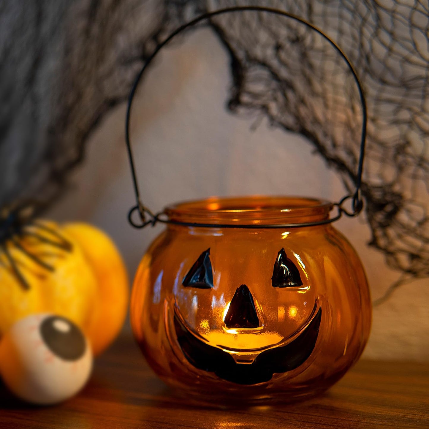 Halloween Candle Holders Set of 4, SHMILMH Tealight Votive Candle Holders with Grimace, Metal Hanging Pumpkin Lantern Decorative Halloween Table Centerpiece Orange