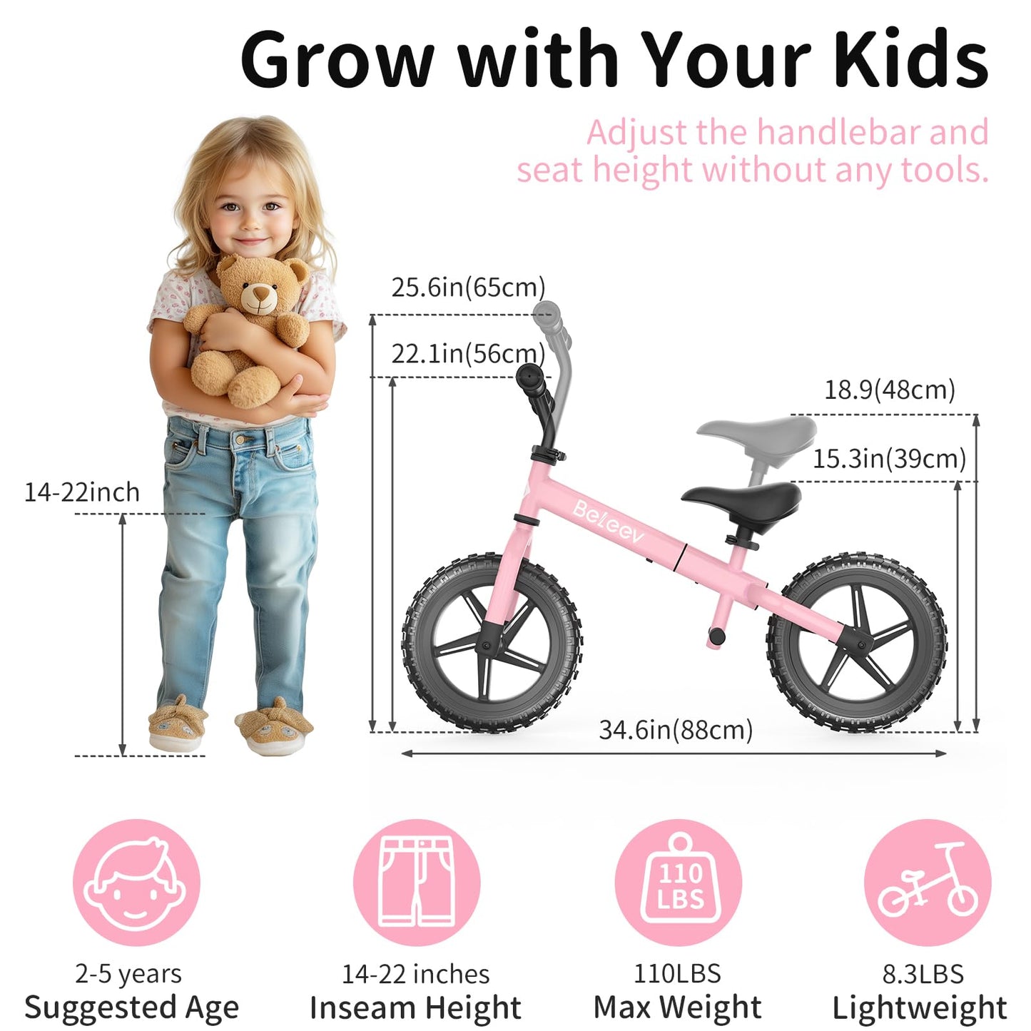 BELEEV C2 Toddler Balance Bike for 2-5 Year Olds with LED Light-Up Wheels, Adjustable Seat & Handlebar & Footrest, 12 inch No-Pedal Training Kids Push Bicycle - Birthday Gift for Boys & Girls (Pink)