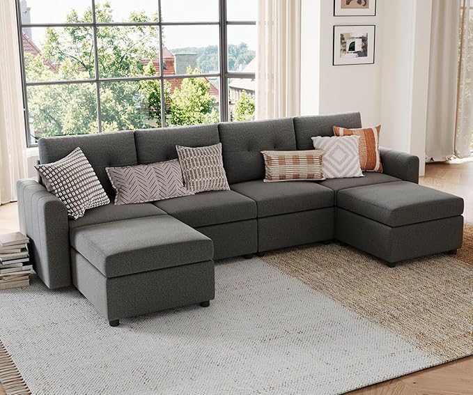 LINSY HOME Modular Sectional Sofa Oversized, Rubik III Removable Cover Living Room Couches with Storage Deep Seat & Ottoman Chaise L/U Shaped Sofa Modern Couch (Dark Grey)