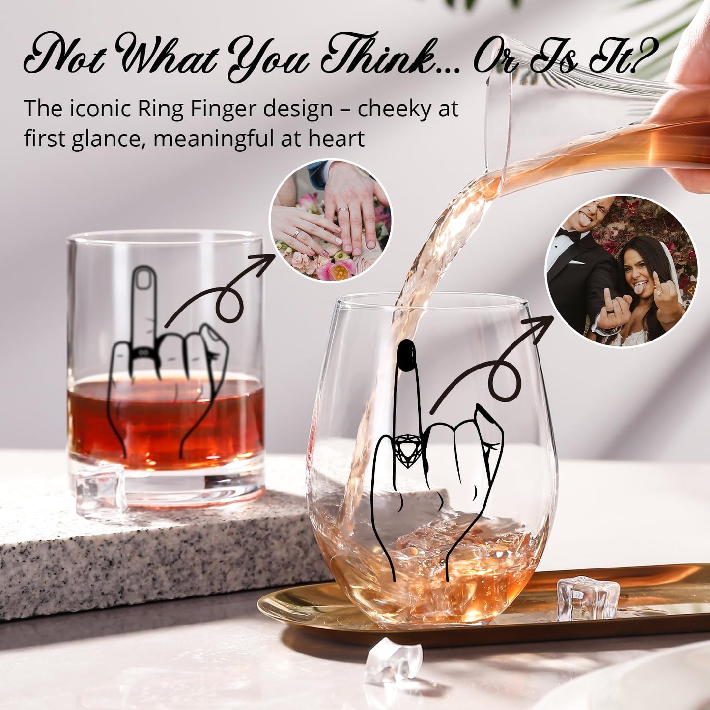 Funny Engagement Gift for Couples – Ring Finger Wine and Whiskey Glass Set – Cool Bridal Shower/Wedding/Bachelorette Gift for Bride and Groom, Newlyweds, Bridal Shower, Just Married,Mr and Mrs