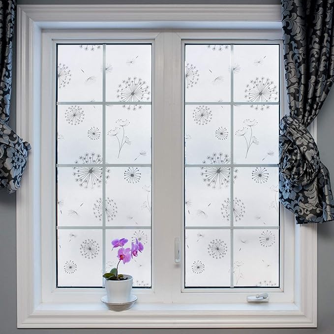 FILMGOO Window Privacy Film 4D Decorative Stained Glass Decals Static Cling Window Sticker Non-Adhesive（Dandelion,17.5 Inch x 6.5 Feet）