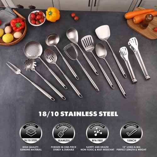 18/10 Stainless Steel Kitchen Utensils Set - 12 PCS All Metal Cooking Tools & 15″ Serving Utensils - Potato Masher, Meat Fork, Tongs, Turner, Pasta, Serving Spoon, Skimmer, Ladle, Spatula Spoon Set