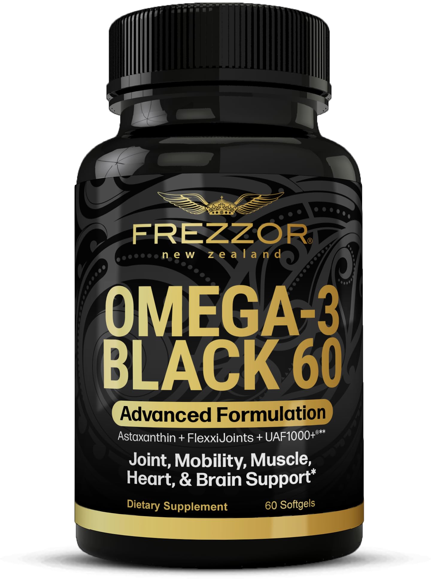 FREZZOR Omega 3 Black for Joint Care & Comfort - New Zealand Green Lipped Mussel Oil Capsules; 53x Higher Potency with UAF1000+ Super Antioxidant, No Fishy Aftertaste, 1-Pack, 60 Softgels