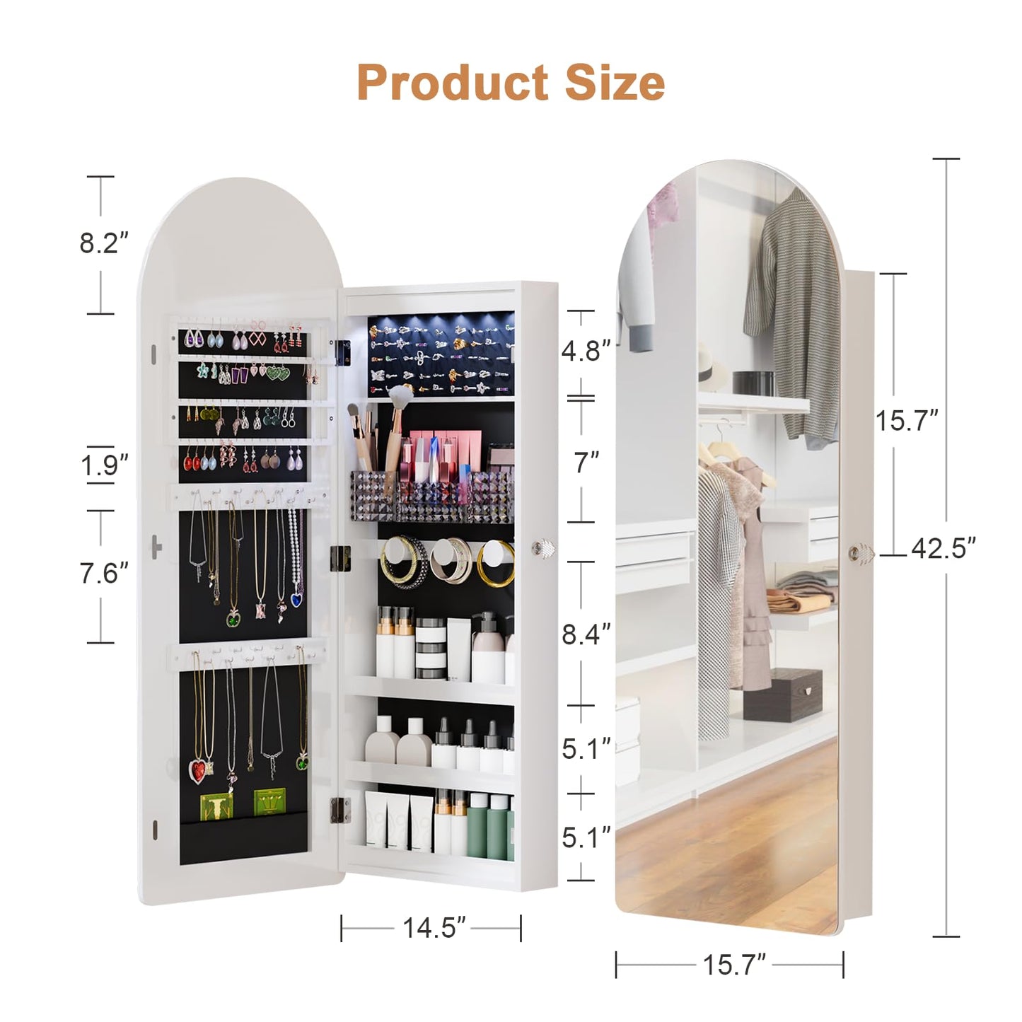 FONTOI LED Mirror Jewelry Cabinet, 42.5” Arched Wall or Door Mounted Jewelry Armoire with Full-Length Mirror & 2 Drawers, Lockable Jewelry Organizer with Ring Slots & Necklace Hooks, White