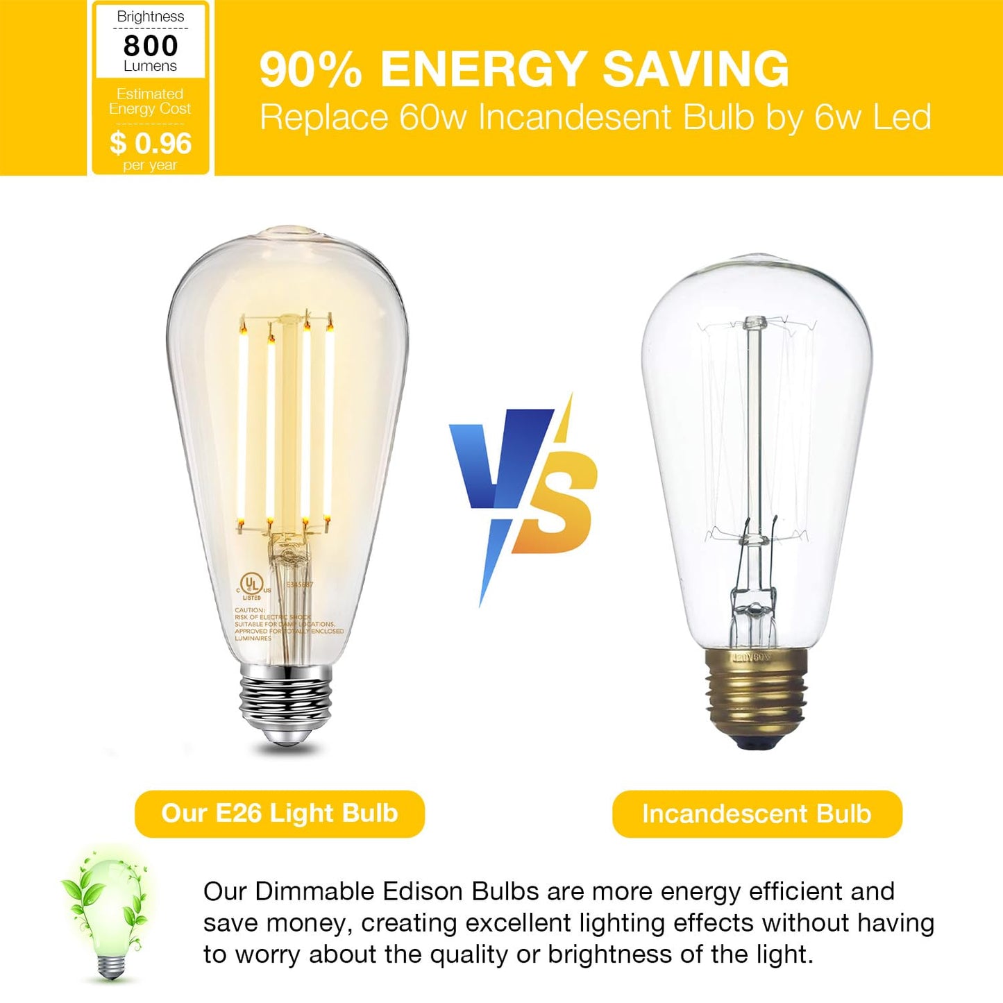 DAYBETTER Vintage LED Edison Bulbs, E26 Led Bulb 60W Equivalent, Dimmable Led Light Bulbs, High Brightness 6W 800 LM Warm White 2700K, ST58 Antique LED Filament Bulbs, Clear Glass, 12 Pack