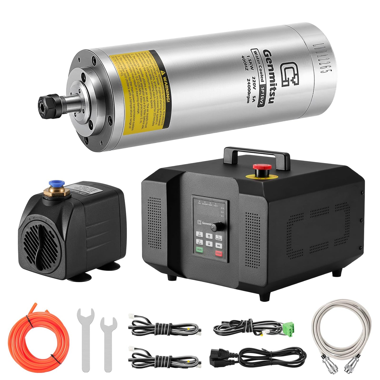 Genmitsu CNC Spindle Motor Kit, 1.5KW, Water Cooled Spindle Motor, 24000 RPM ER11 Collet with Pre-Wired VFD Inverter Box & Pump - 4 Bearing Precision Motor for CNC Router Machine Engraving