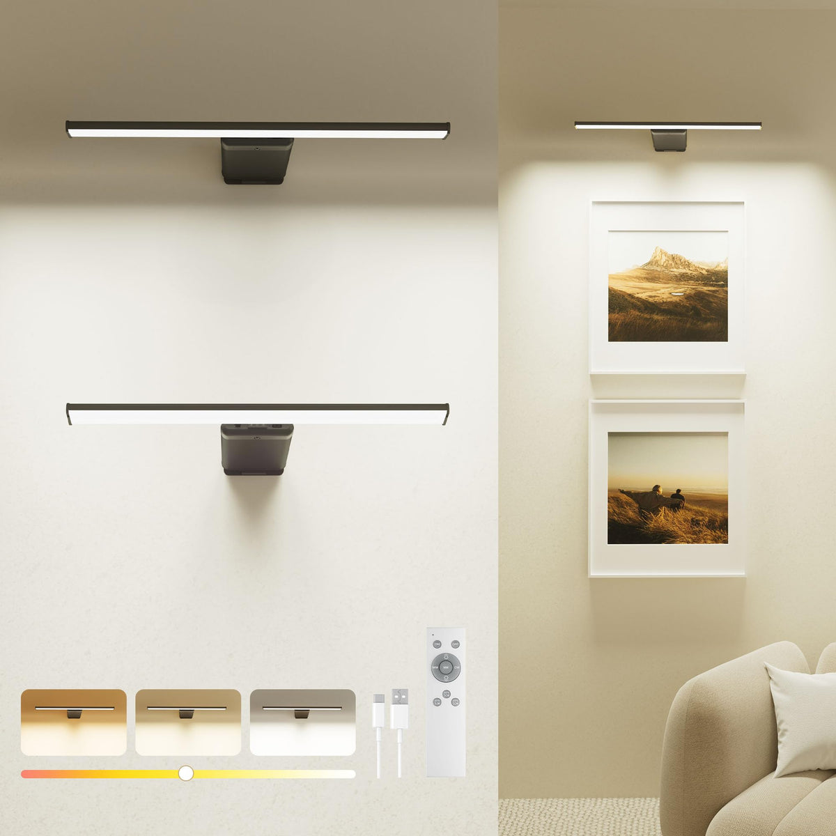 2 Pack Picture Light for Wall Rechargeable Art Light with Remote, 3 Colors & 5 Brightness Levels, 12000mAh Battery Operated Lights for Pictures,Painting,Gallery, Bedroom, Hallway, Frame, Living Room