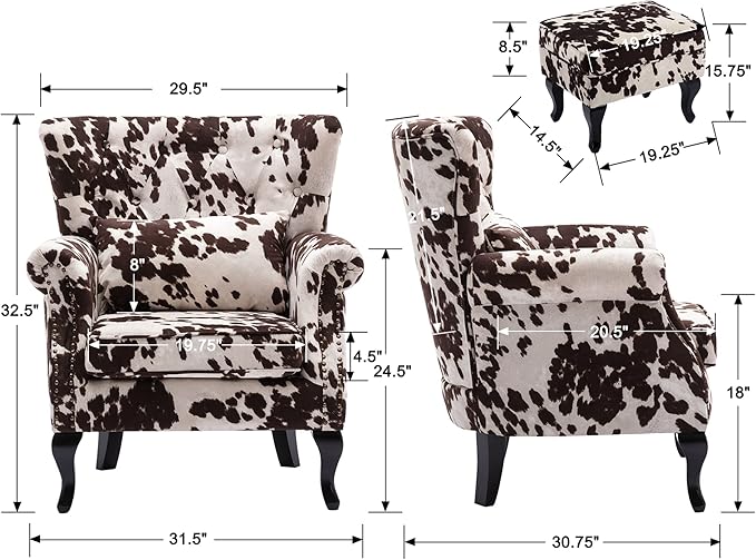 chairus Mid-Century Modern Accent Chair with Ottoman, Comfy Velvet Single Sofa Chair Button Tufted Wingback Armchair with Pillow for Living Room/Bedroom/Club - Cow