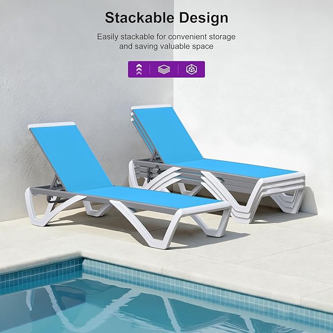 PURPLE LEAF Patio Chaise Lounge Chair Outside Aluminum Plastic Stackable Tanning Chairs for Pool Sunbathing Beach Deck Outdoor Lounger, Turquoise Blue