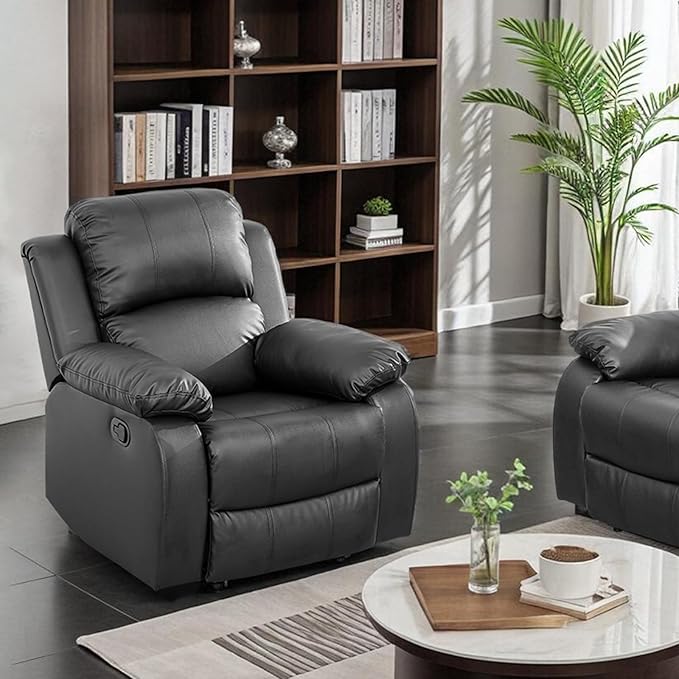 JBXBER Manual Recliner Sofa Set for Living Room, Leather Reclining Sofa Sets, Faux Leather Couch Set with Cup Holders, Drop-Down Table and Storage Console(Chair,Black)