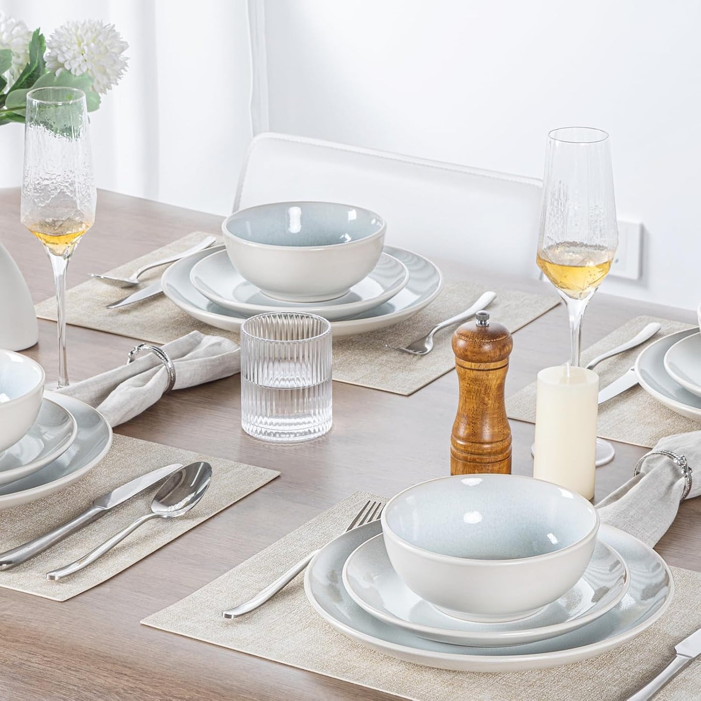 Plates and Bowls Sets for 4 - CJDC-QUELO 16-Piece Stoneware Dinnerware Sets, Ceramic Dishware Set for Kitchen Use and Formal Dining, Chip and Scratch Resistant Microwave Dishwasher Safe, Off White