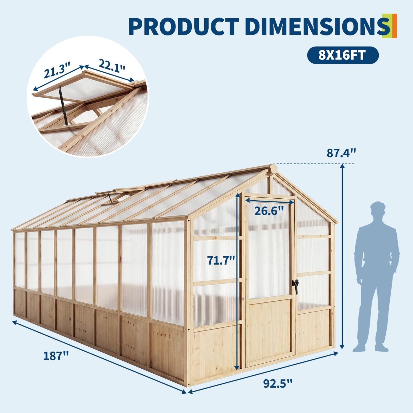 8x16FT Wooden Greenhouse for Outdoor, Walk-in Large Wood Frame Green House Greenhouse Kit with Ventilated Window Lockable Door and Polycarbonate Panels for Garden Backyard Patio Lawn Plant