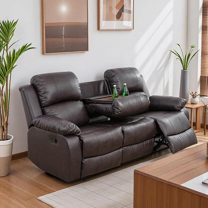 Caberryne Leather Recliner Sofa，Reclining Sofa for Living Room Furniture Sets，Light Brown Wall Hugger Recliner Couch with Cupholder for Living Room/Office/Theater Seating(3 Seater Sofa)
