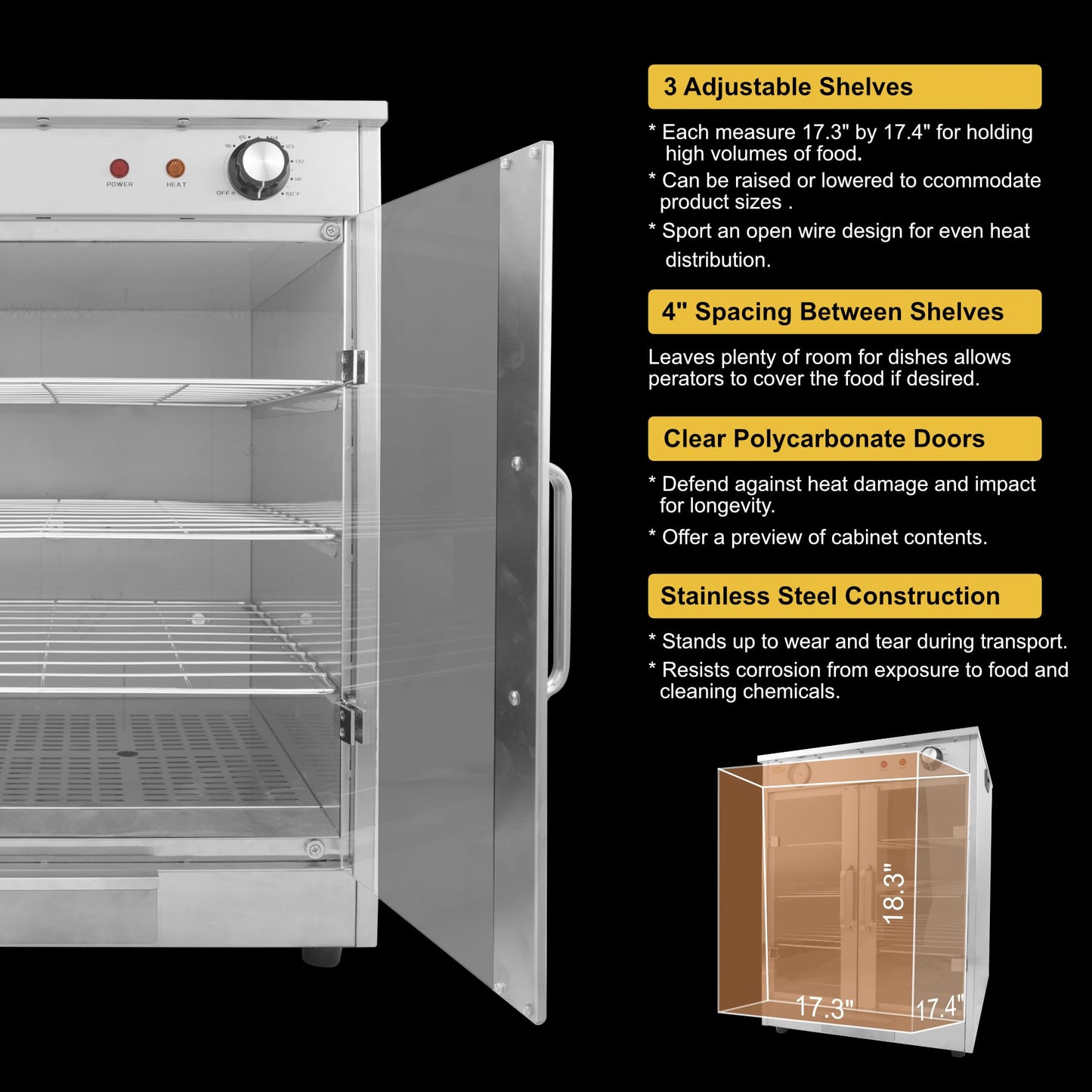 4-Shelf Electric Hot Box Food Warmer Accommodating up to (8) 16" Pizza Boxes, Countertop Heated Holding Cabinet for Pretzels, Warming Machine for Home Commercial Use, w/Water Drawer, 120V 600W