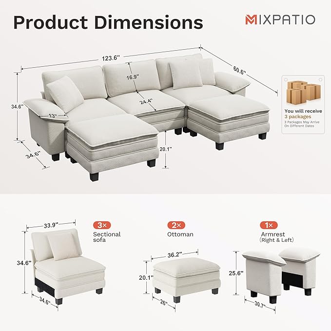 MIXPATIO 123-Inch U Shaped Sectional Sofa with Cloud Cushions, Deep Seat Modular Couch Set w/ 5 Seats & 2 Ottomans, Removable Arms, Plush Chenille Upholstery for Living Room, Apartment - Beige