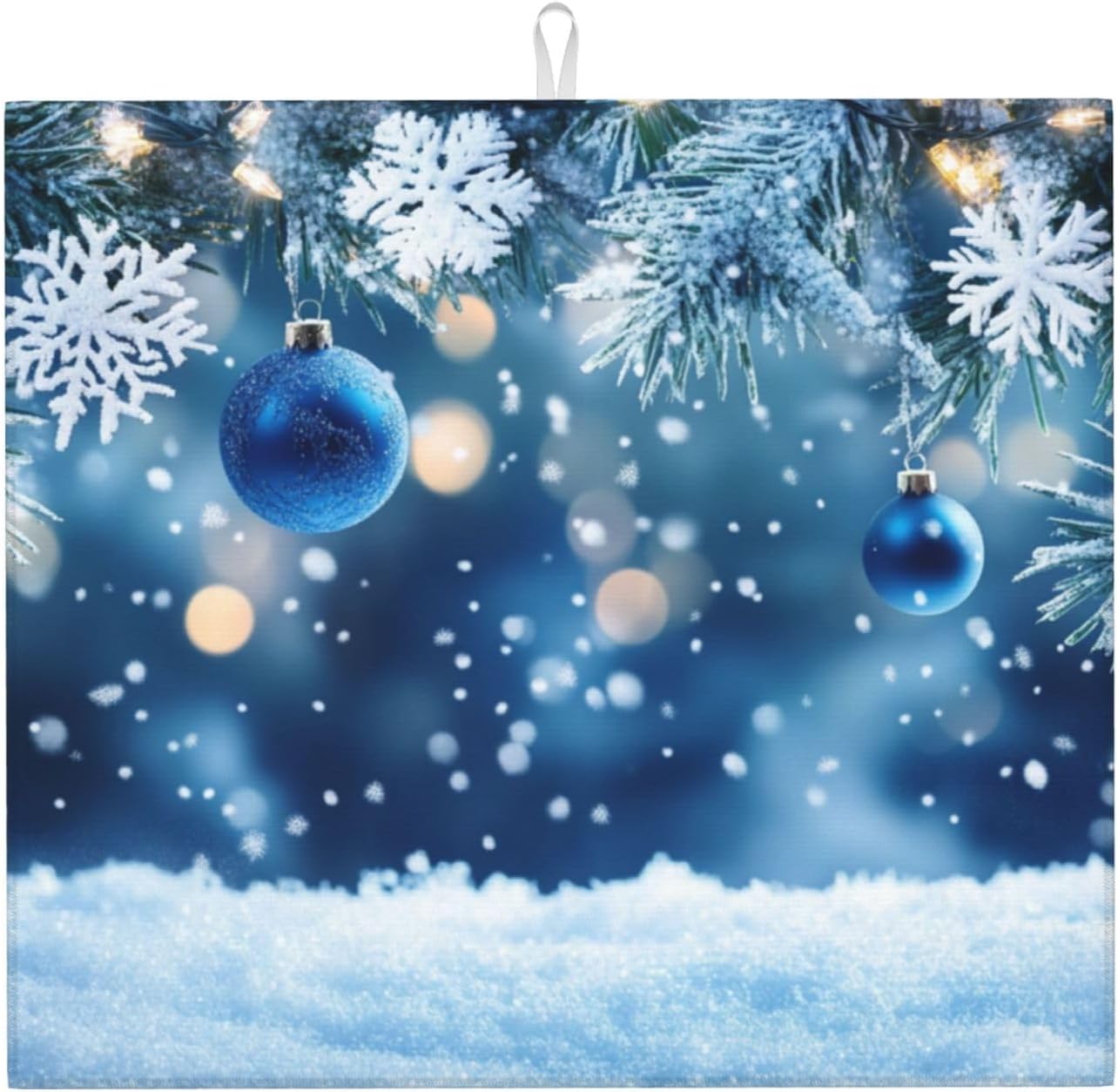 Dish Drying Mat Christmas Blue Ball Snowflake Absorbent Microfiber Non Slip Quick Dry Heat Resistant Holiday Decorative Kitchen Counter Mat for Plates Cups Glasses 16x18 Inch
