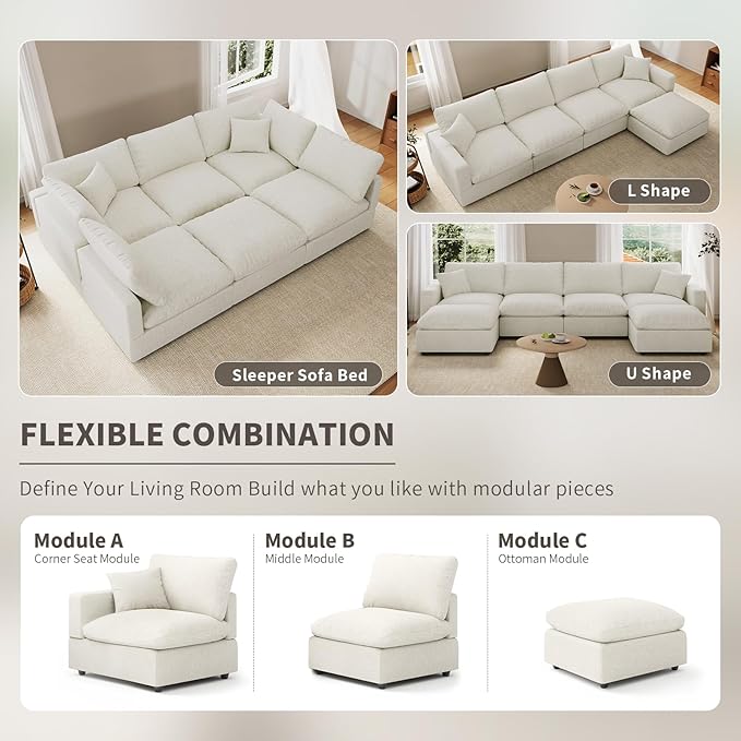 Cloud Couch Modular Sectional Sofa, 95.4" 3-Seater Sectional Couches for Living Room, Convertible Cloud Sofa, Down Filled Wide & Deep Seat, Removable Washable Cushion Cover & Backrest Pillow Cover