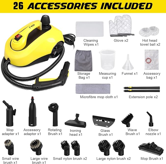 TVD Steam Cleaner, Heavy Duty Canister Steamer with 26 Accessories, Steam Mop with 5M Extra-Long Power Cord for Home Floor Cleaning, Grout,Car Detailing,Upholstery.