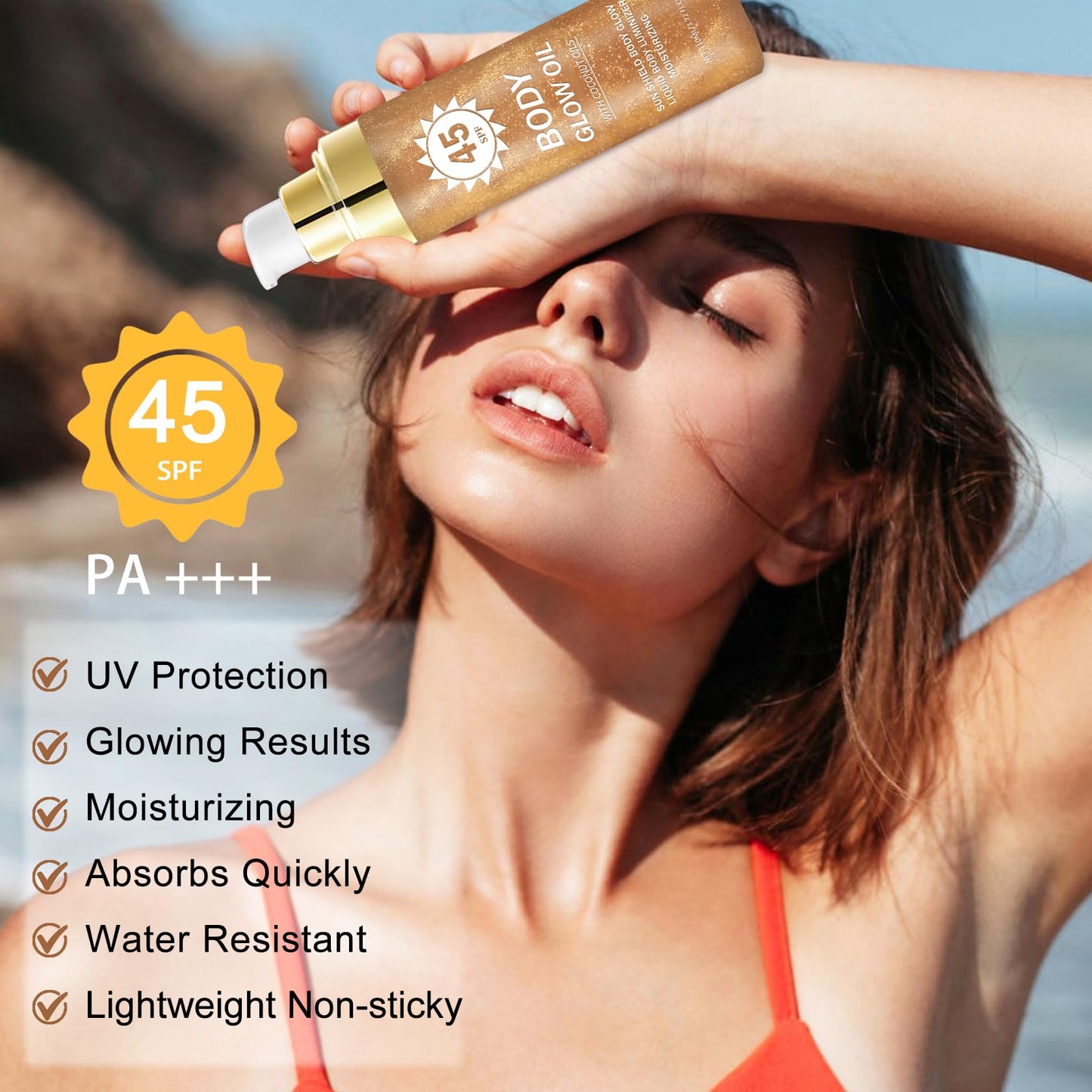 QIUFSSE Glitter Sunscreen Oil with Coconut,SPF 45 Broad Spectrum,Body Shimmer Oil with Gold Mica,Lightweight Non-Sticky,Water Re