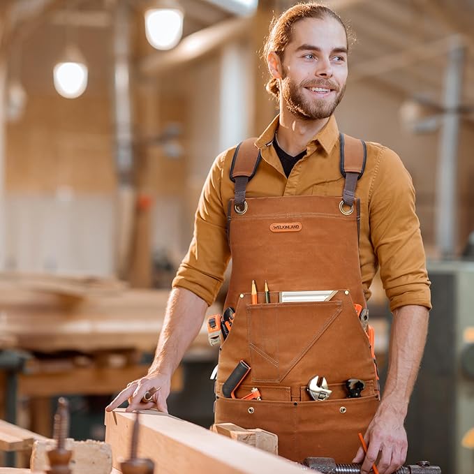 WELKINLAND 16-Pockets Waxed-Canvas Tool Apron, Heavy-Duty Woodwork Aprons, Fully-Adjustable Carpenter Apron, 34" x 27" Blacksmith Woodworking Apron