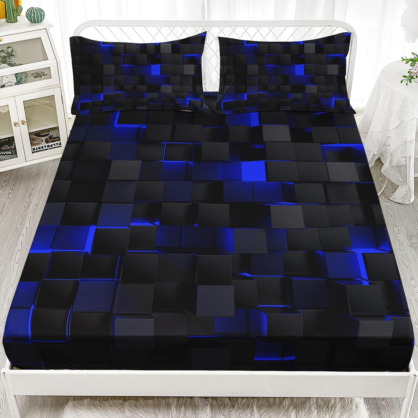 Soft Bedding Fitted Sheet Full Size,Geometric Blue Black Microfiber Fitted Sheet with 16" Deep Pockets Fitted Sheet Room Decor,Bed Sheets & 2 Pillowcases for Kids Boys and Girls