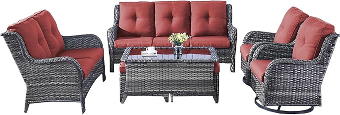 Rilyson Wicker Patio Furniture Set - 7 Piece Rattan Outdoor Sectional Conversation Sets with 2 Rocking Swivel Chairs,2 Ottomans,1 Sofa,1 Loveseat and 1 Coffee Table for Porch Deck(Mixed Grey/Red)