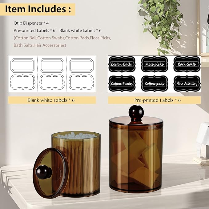 SheeChung 4 Pack Plastic Acrylic Bathroom Vanity Countertop Canister Jars with Storage Lid, Apothecary Jars Qtip Holder Makeup Organizer for Cotton Balls,Swabs,Pads,Bath Salts (Amber)