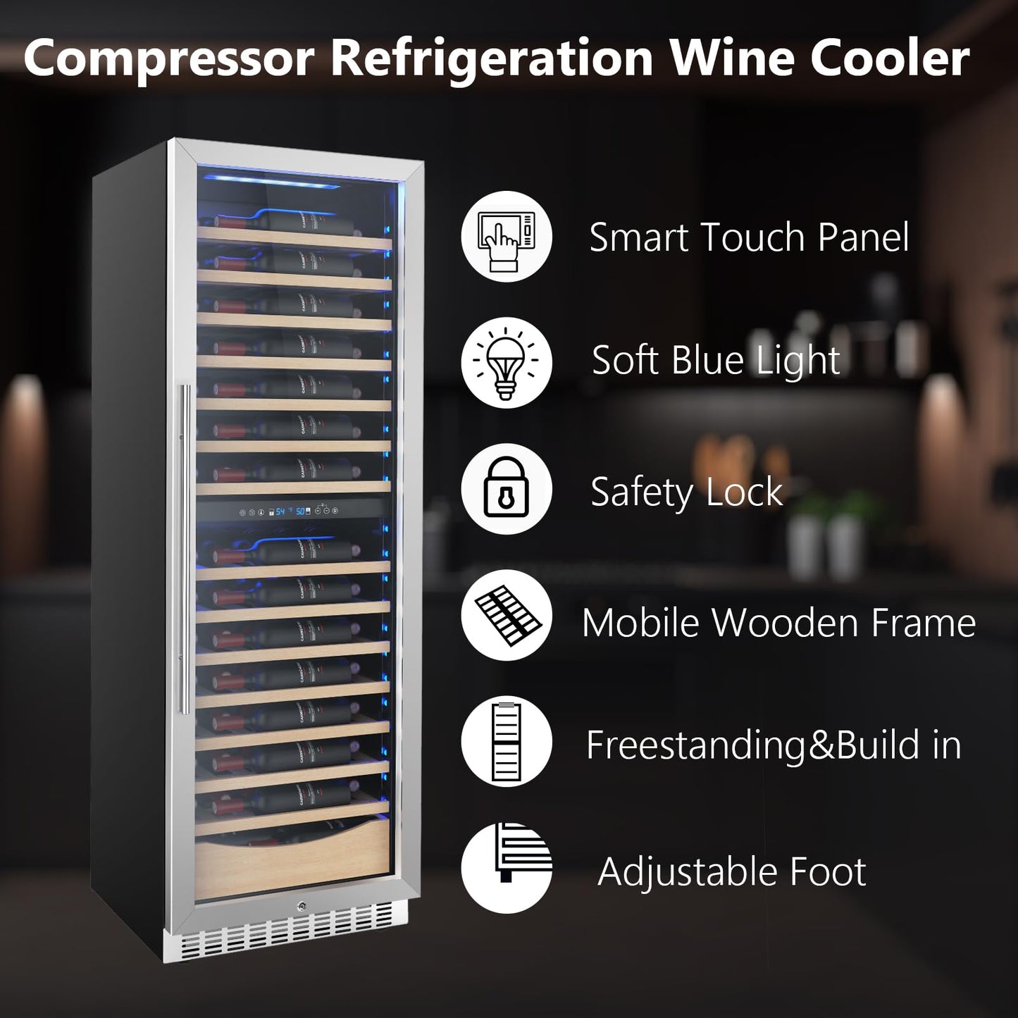 COWSAR 24 Inch Wine Cooler Drink Fridge, 105 Bottles Commercial Wine Fridge, Tall Freestanding/Built-in Beverage Refrigerator Glass Door with Removable Wooden Shelves, Blue LED Lights, Safety lock