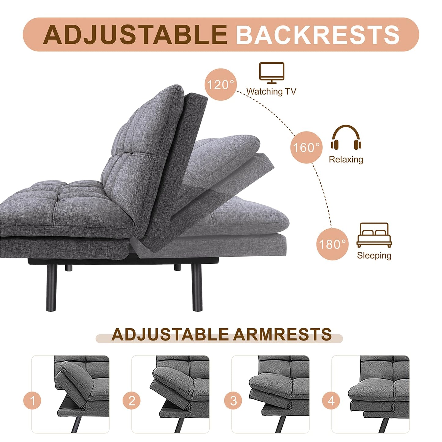 Opoiar Bed with Memory Foam, Convertible Futon Couch with Adjustable Armrests, Multifunctional Sofa Sets for Apartment, Office,Small Spaces Sofabed, Deep Grey