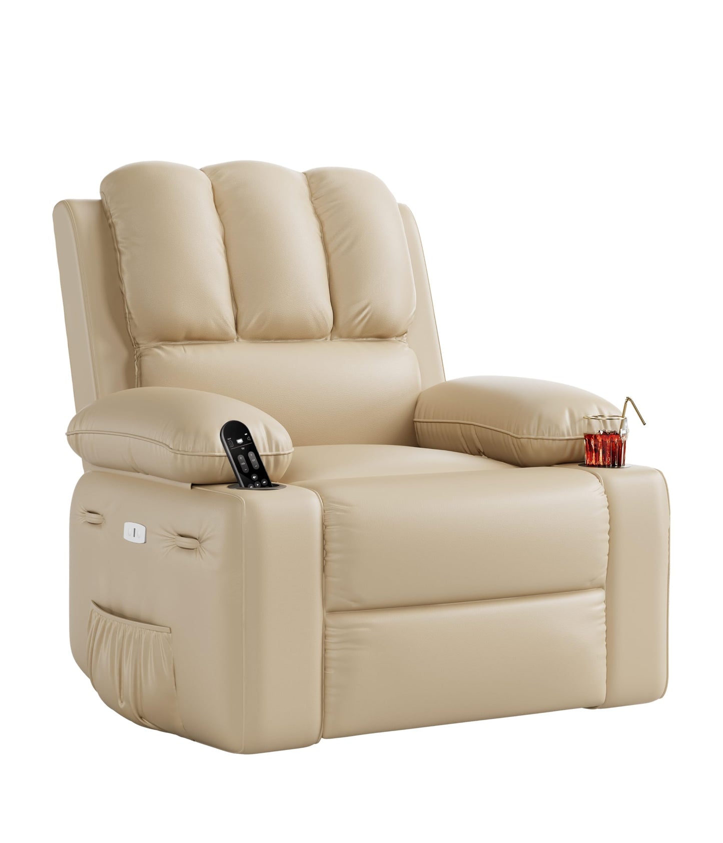 Patikuin Oversized Electric Recliner Chair for Living Room – PU Leather Swivel Rocker with Heat & Massage, 360° Rotating Base, Wide Seat, USB Port, Cup Holders, Side Pocket – Beige