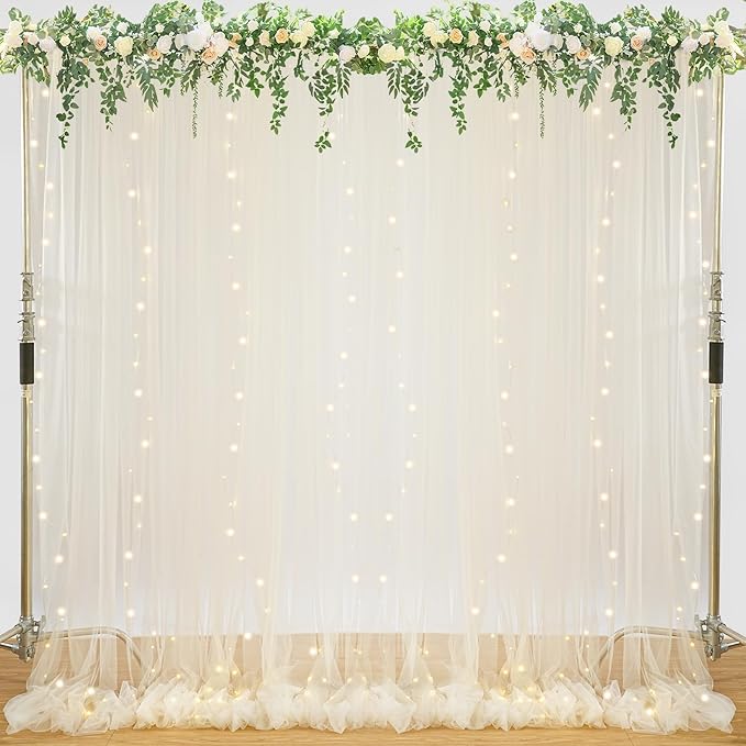 Beige Tulle Backdrop with Lights String 2 Panels 5×10ft Wedding Curtains Drapes for Party Bridal Shower Photo Booth Decor