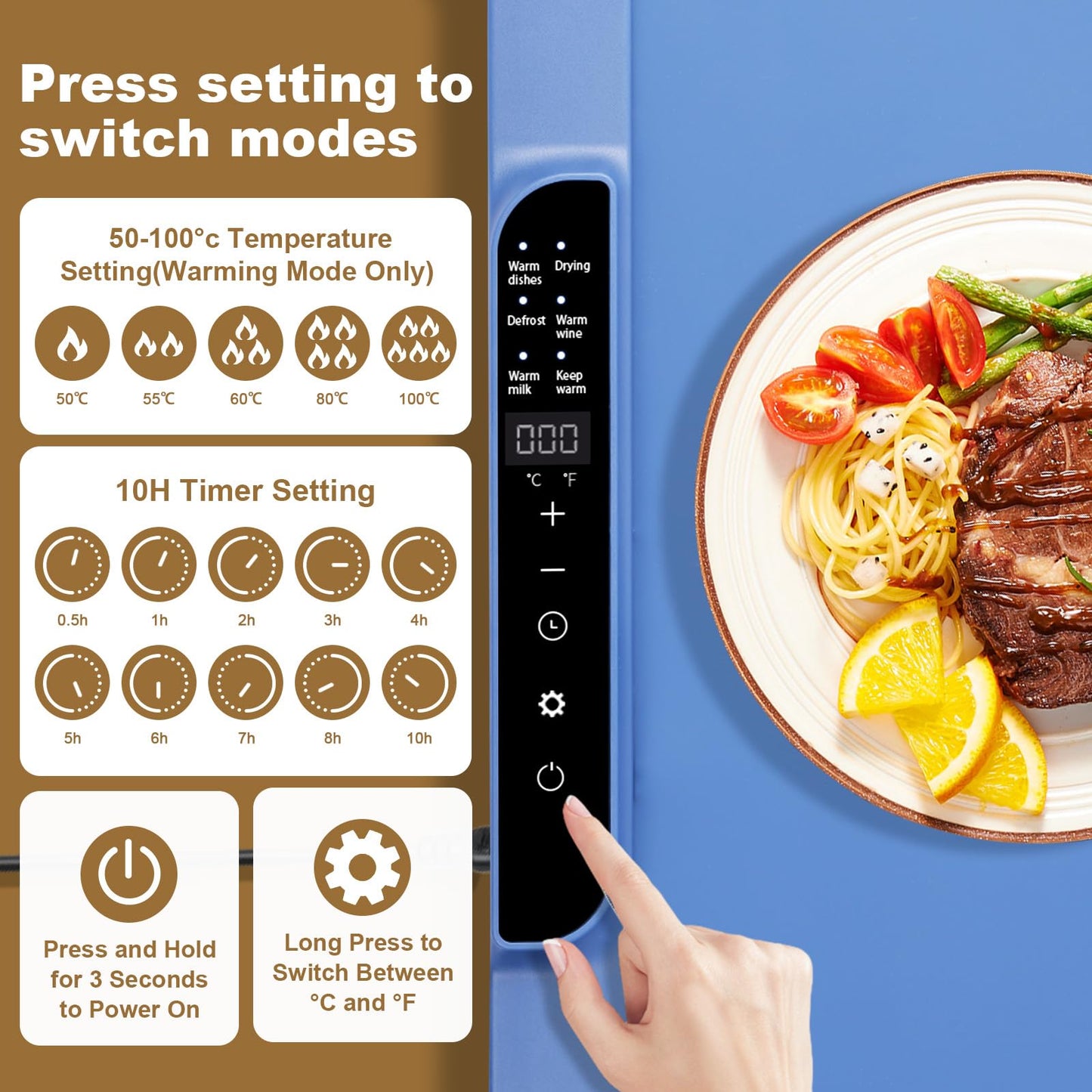 Food Warming Mat 25.2" x 14.96",Electric Warming Tray for Fast Heating | Foldable Warming Mat for Food with Adjustable Temperature Control & Timer, Raised Feet for Family Gatherings & Daily Use