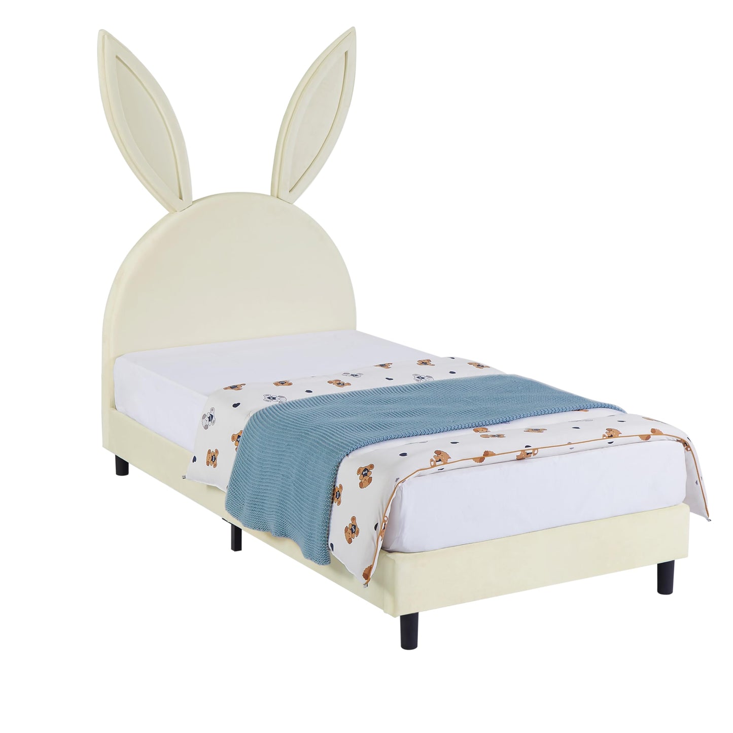 VECELO Twin Size Bed Frame, Heavy-Duty Platform with Rabbit Shaped Headboard for Girls Kids Room, Easy Assembly, Beige