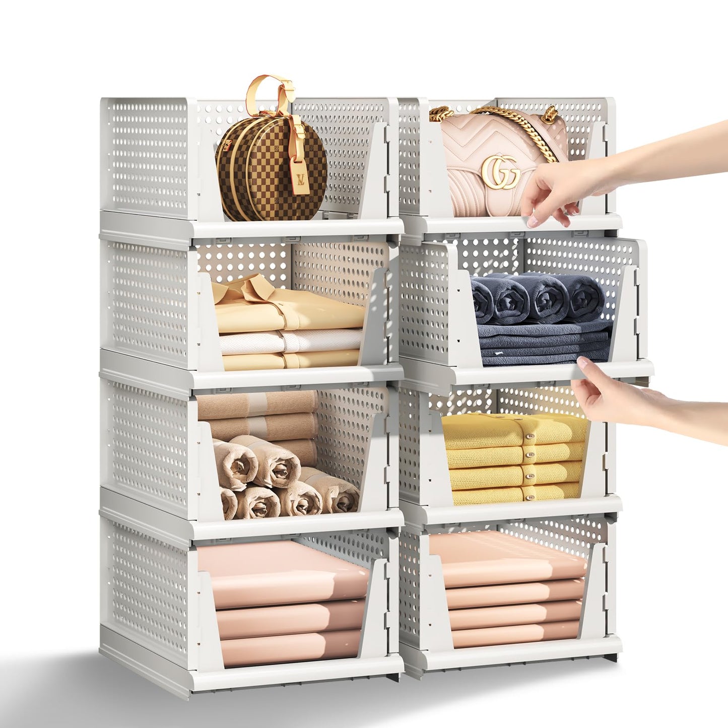 MSHOMELY 5 Packs Stackable Plastic Storage Basket for Closet Foldable Closet Organizers and Storage Bins for Shelves Storage Drawer Container for Clothes, Wardrobe, Pantry, 5L