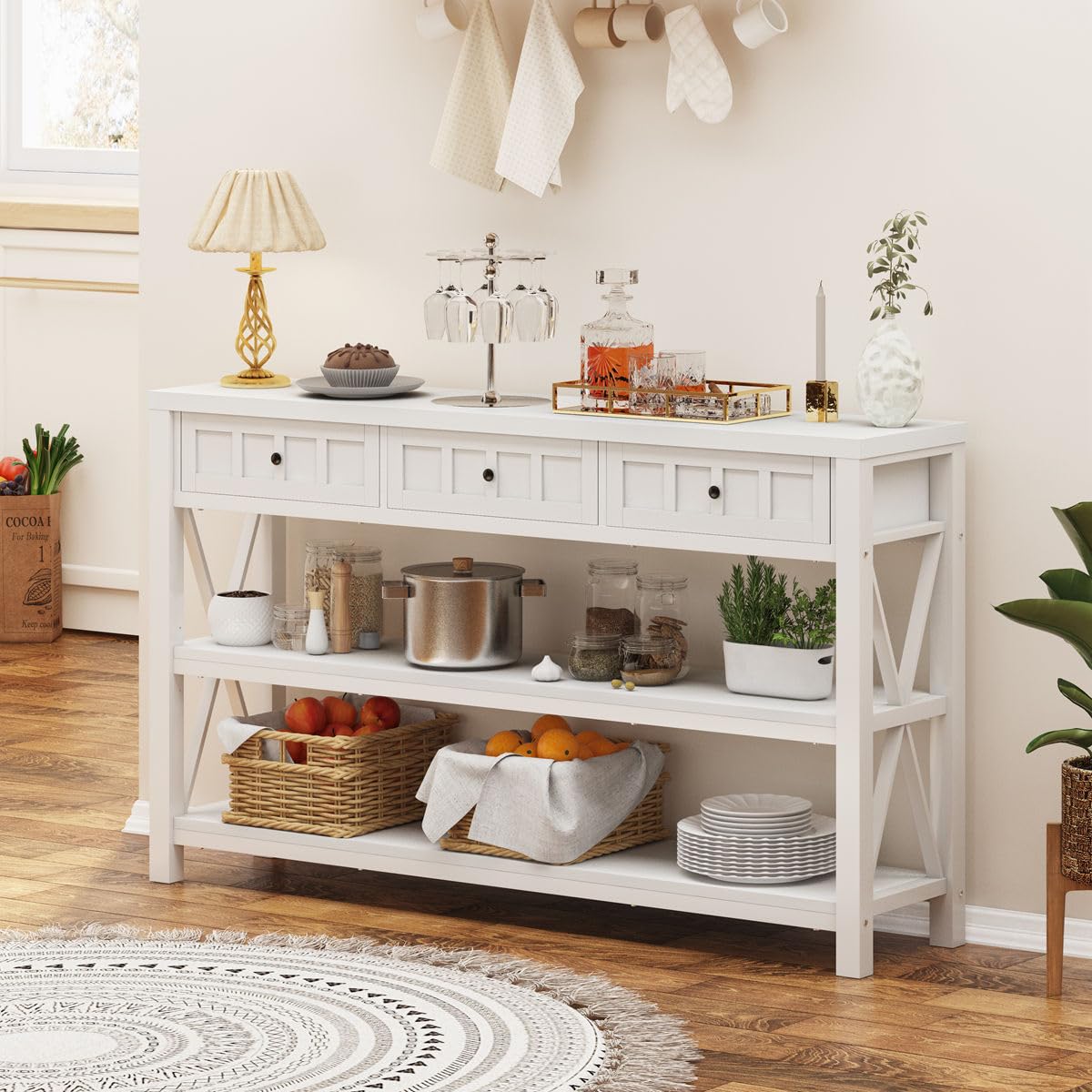 FATORRI Console Table for Entryway, Wood and Metal Sofa Table with 3 Drawers for Living Room, Farmhouse Hallway Tables and Modern Couch Tables Behind Sofa (54.72 Inch Long, White Oak)