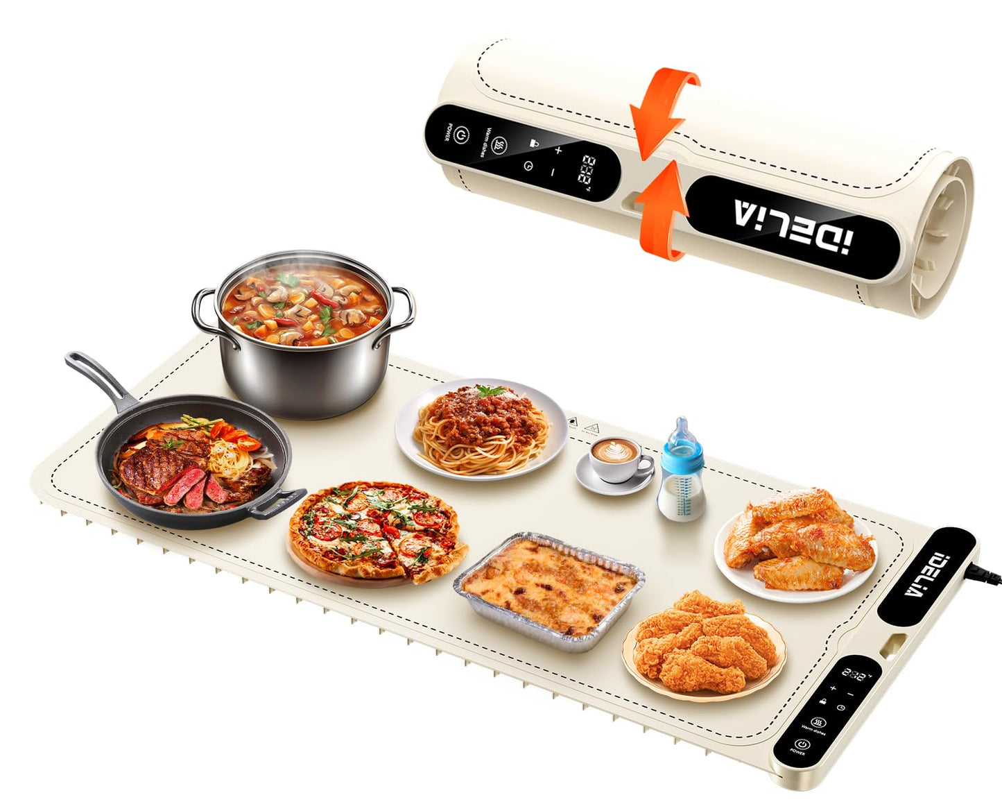 Food Warming Mat Electric Heating - Portable Silicone Warming Tray with 7 Temperature Settings and 8 Hours Timer for Party Buffet Home Travel Kitchen (31.5"x15",Beige)