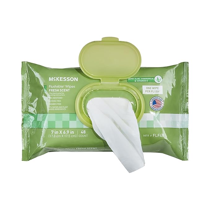 McKesson Flushable* Adult Wet Wipes – 288 Wipes (6 Pack of 48) – Aloe & Vitamin E, Plant-Based Cleansing Wipes, Scented