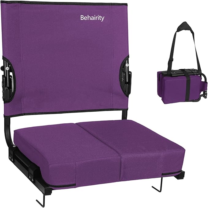 behairity Portable Stadium Seat for Bleachers with Back Support, Wide Padded Bleacher Chair with High Back and Thick Cushion for Adults, Folding Stadium Chair for Football Sports Events (Purple)