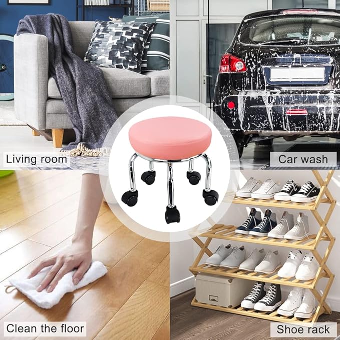 WKWKER Modern Roller Seat PU Leather Low Round Rolling Stool 360° Swivel Small Office Ottoman with Universal Wheels Foot Stool for Home Office Garage Shop Fitness Sport H：12.4" （Pink）