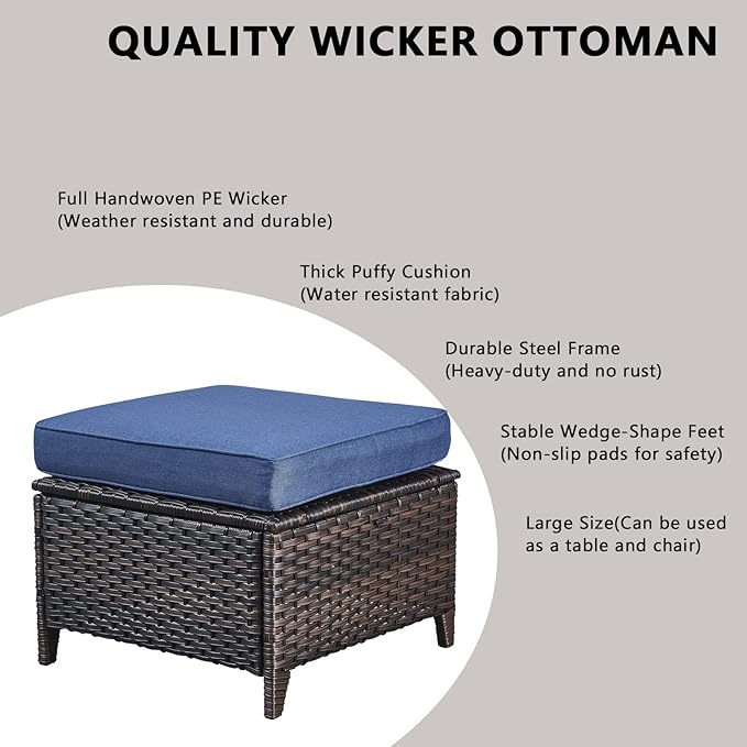 Rilyson Wicker Outdoor Patio Furniture Set - 8 Piece Patio Conversation Sets with Swivel Rocker Chairs, Ottomans, Sofa and Coffee Table, 6 inch Cushions, Deep Seating, for Porch Deck Brown/Blue
