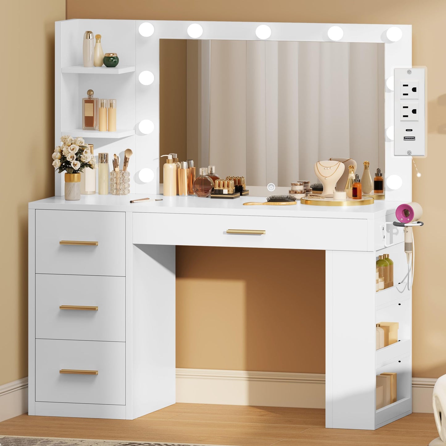YITAHOME Vanity Desk with Mirror & Lights, Makeup Vanity Table Set with Power Outlet, 4 Drawers, 6 Open Shelves Above and 3 Lighting Modes Dressing Table