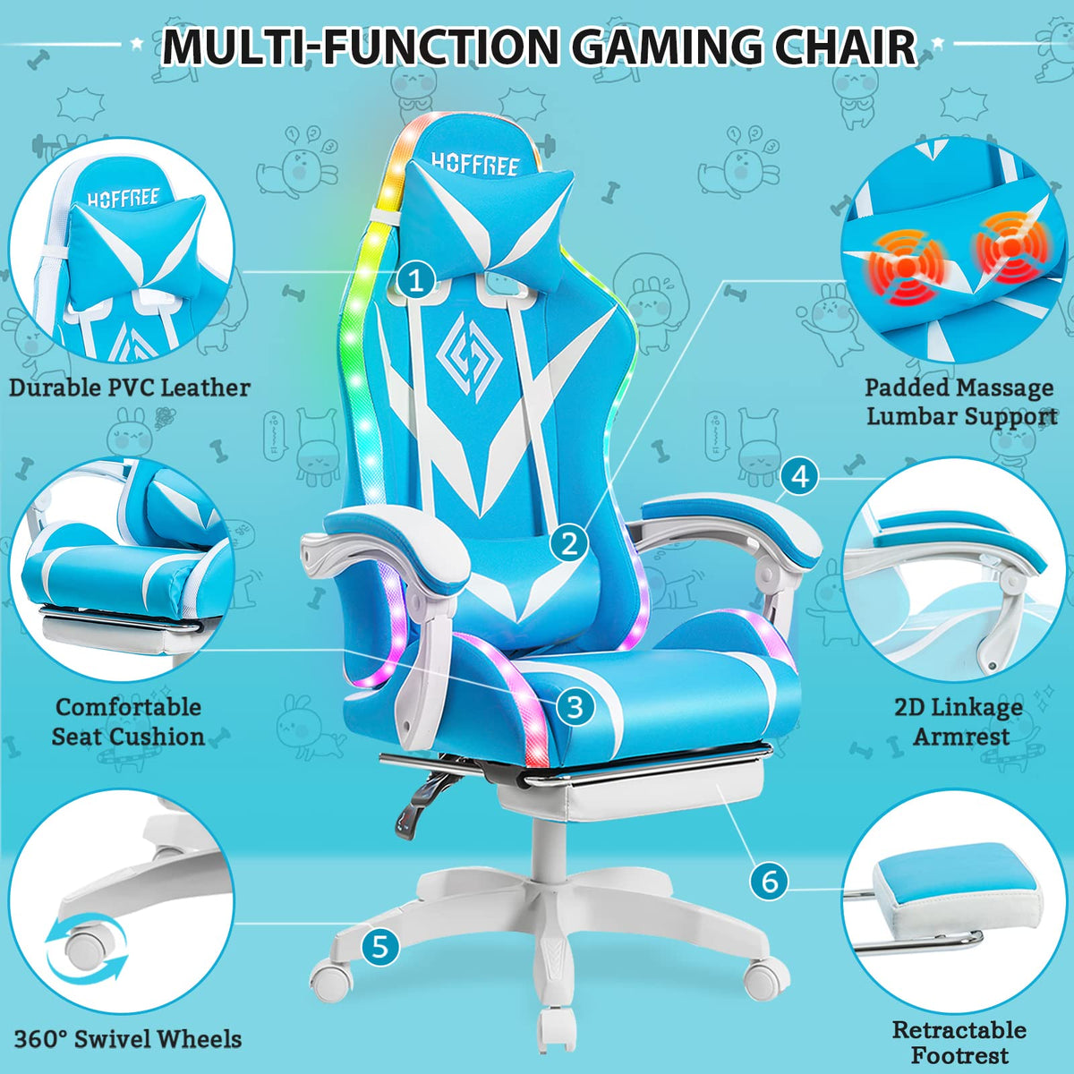 RGB Gaming Chair with LED Lights and Massage Ergonomic Computer Chair Cute with Footrest High Back Video Game Chair with Adjustable Lumbar Support Linkage Armrest Light Blue and White