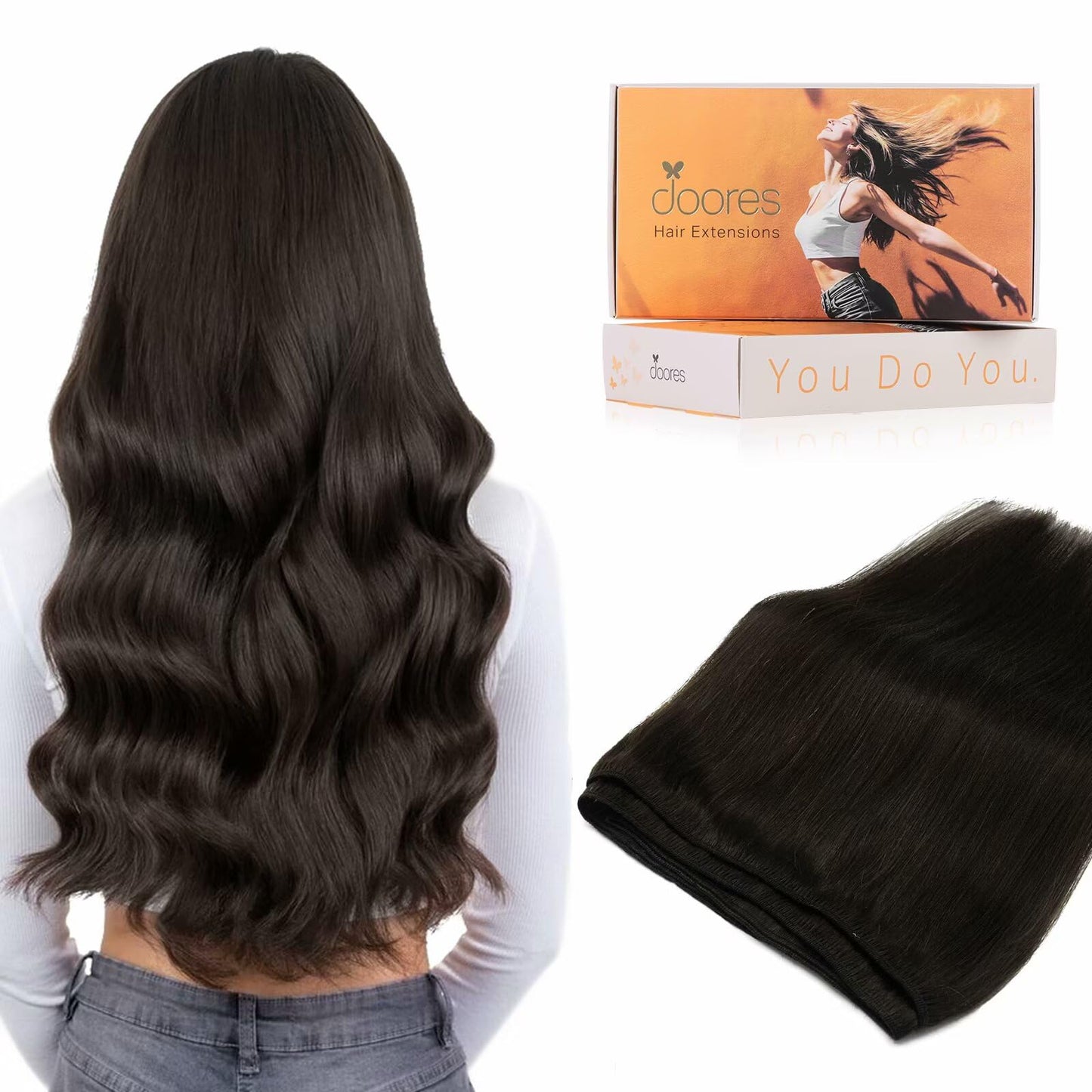 DOORES Sew in Hair Extensions Real Human Hair, Dark Brown 16 Inch 80g, Full Head Double Weft Extensions for Women Natural Straig
